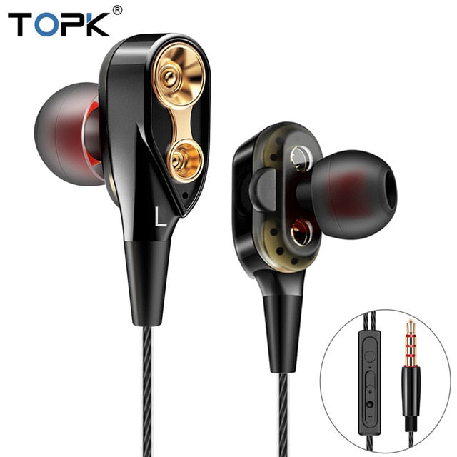 TOPK Wired Earphone For Phone Dual Driver HiFi Stereo In-Ear Headset 3.5mm Sport Running Earphones With Microphone Earbuds