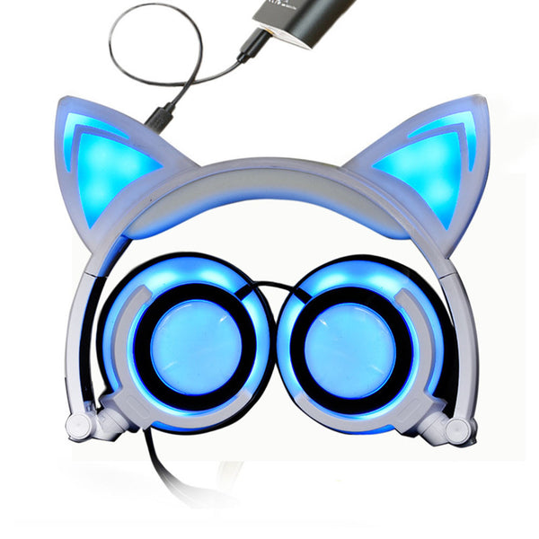 Headphone Foldable Cat Ear Headset LED Light with USB Chargeable Earphones